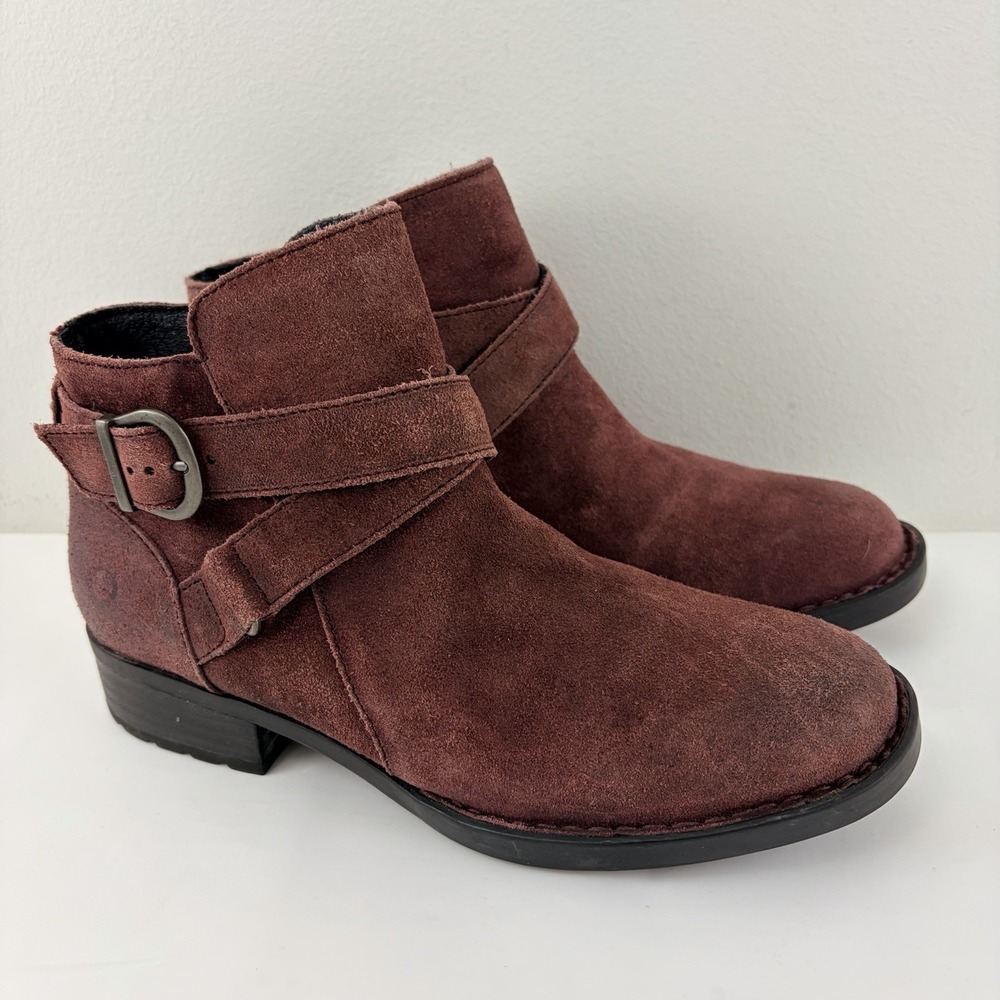 Born Burgundy Suede Ankle Boots Strap Buckle Leather 7M Western Boho
